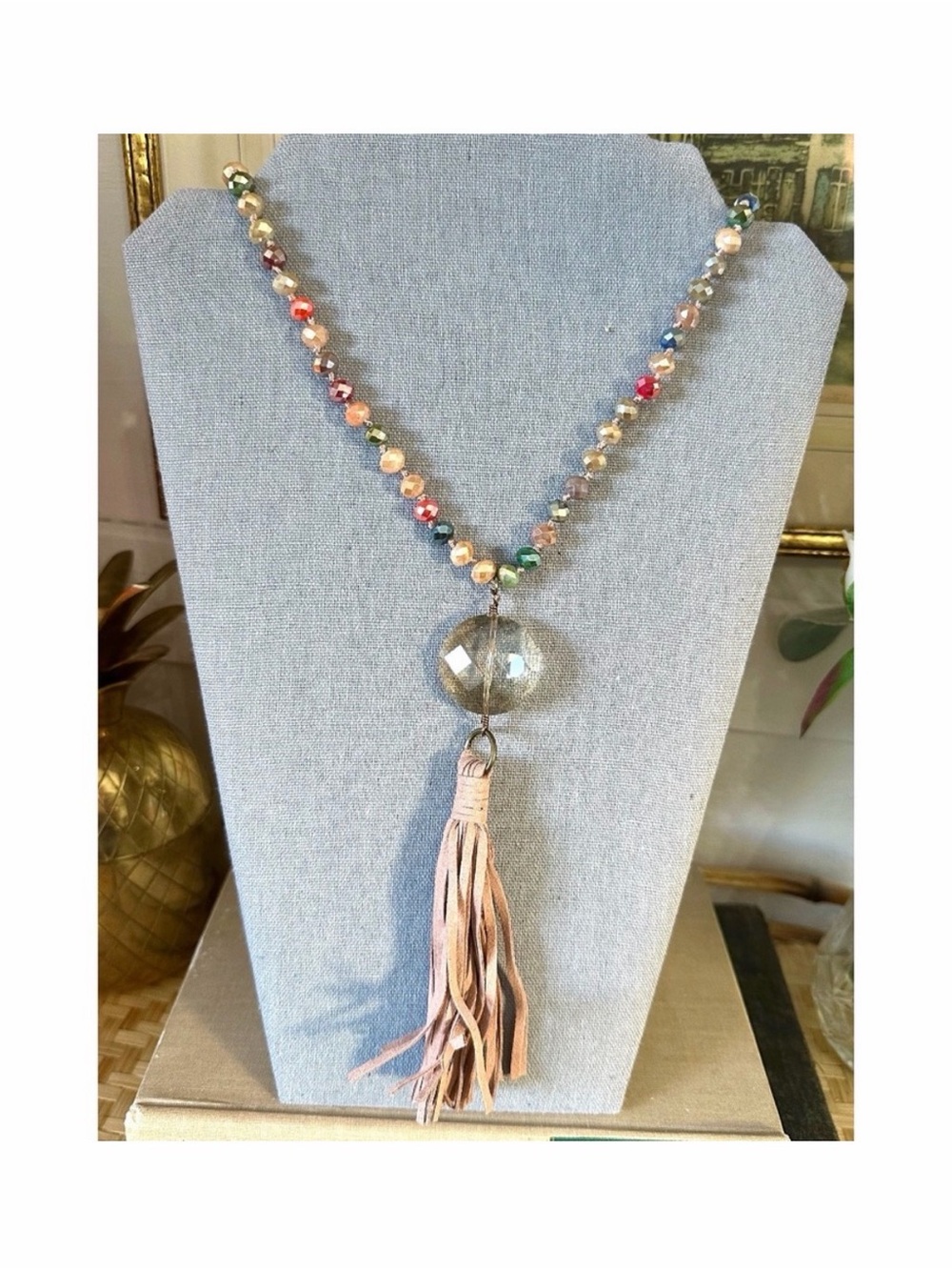 Pink Panache Boho Multicolor Beaded Necklace with Pink Suede Tassel